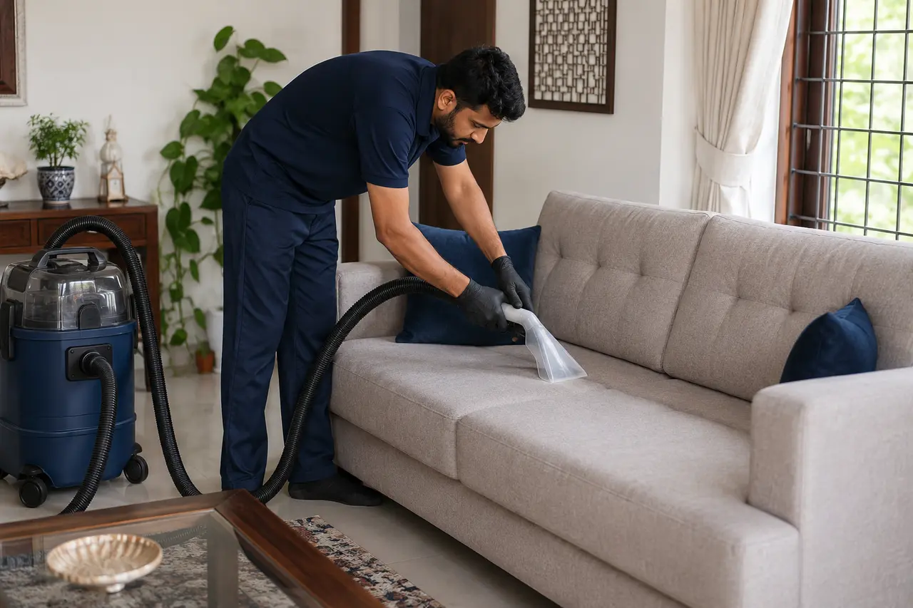 ProCleanPK technician using an extraction machine to deep-clean a fabric sofa